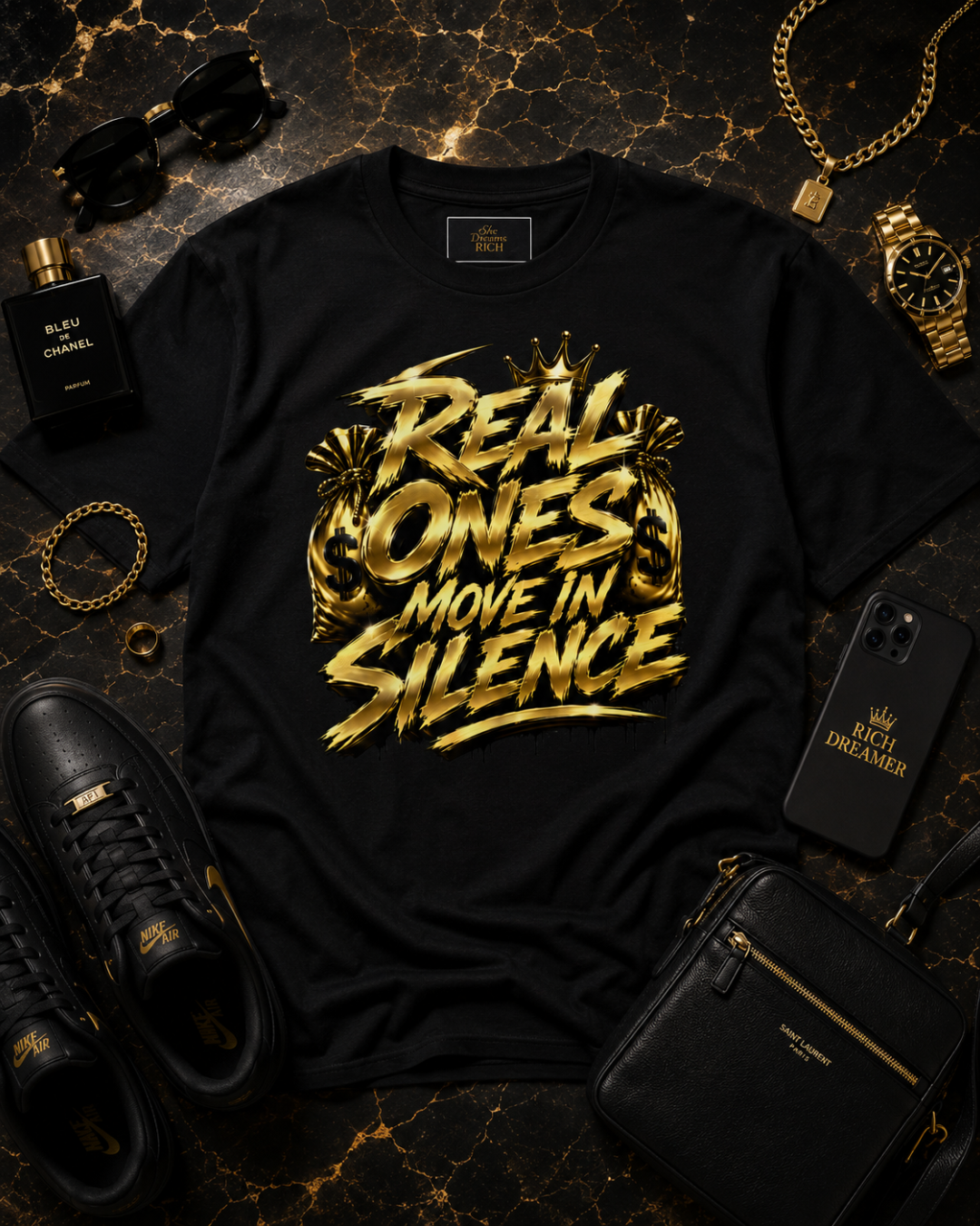 Real Ones Move In Silence Statement Tee - Gold